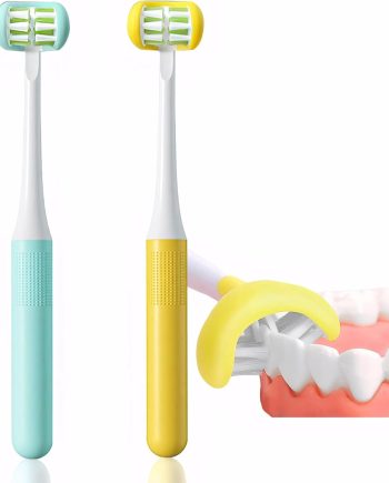 2 Pieces 3 Sided Toddler Toothbrush, Three Bristles for Kids Toothbrush, Autism Soft Bristles,Soft and Gentle for Complete Tooth and Gum Care(C1（Blue+Yellow） Kids)