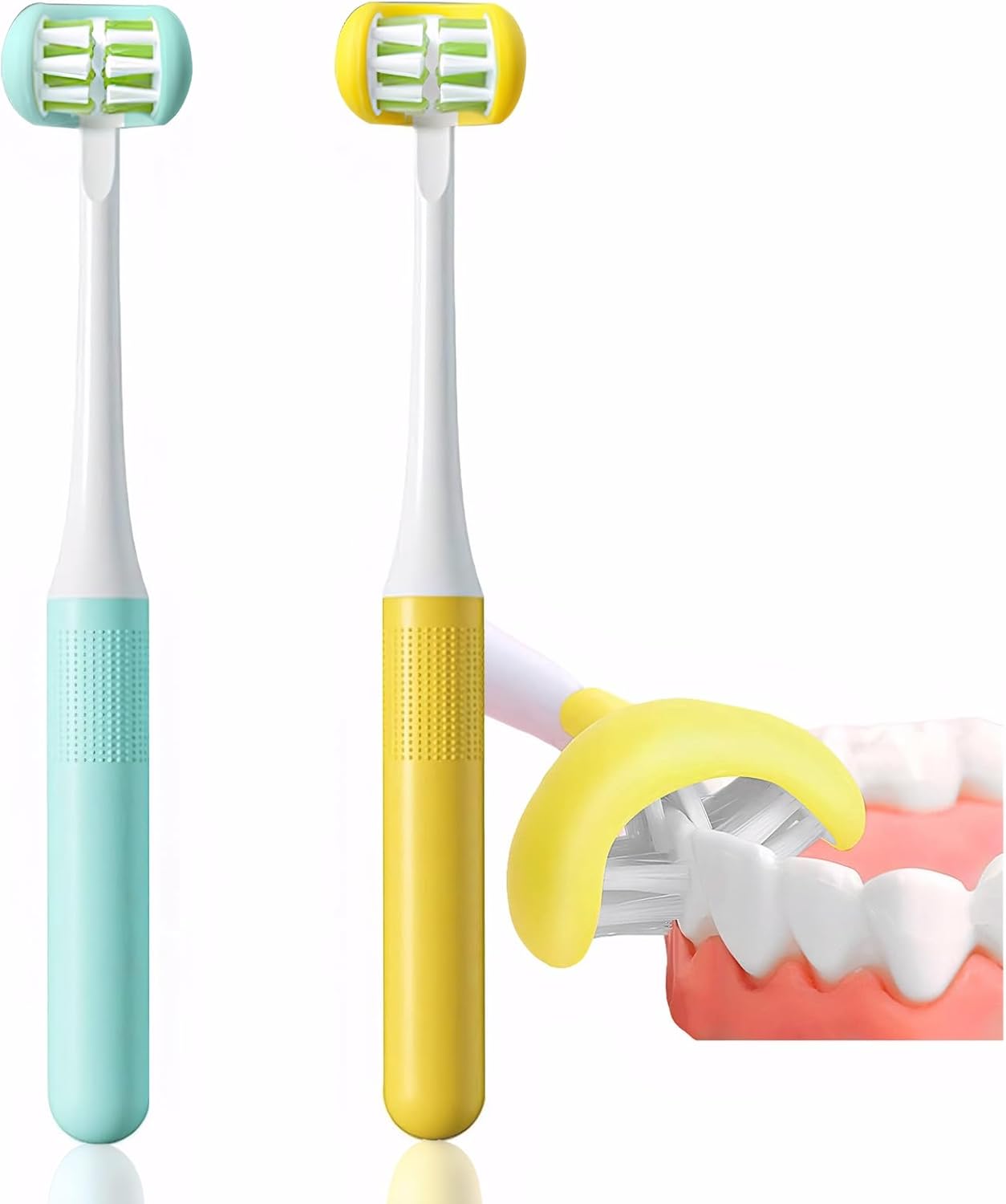2 Pieces 3 Sided Toddler Toothbrush, Three Bristles for Kids Toothbrush, Autism Soft Bristles,Soft and Gentle for Complete Tooth and Gum Care(C1(Blue+Yellow) Kids)