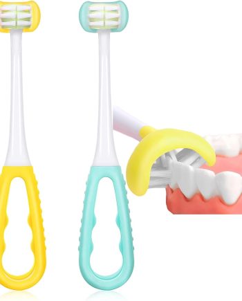 2 Pieces 3 Sided Toddler Toothbrush, Three Bristles for Kids Toothbrush, Autism Soft Bristles,Soft and Gentle for Complete Tooth and Gum Care (C2（Blue+Yellow） Kids)