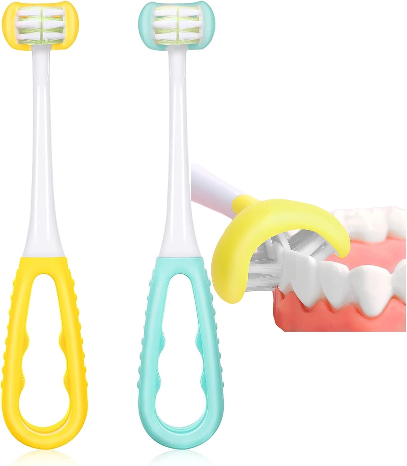 2 Pieces 3 Sided Toddler Toothbrush, Three Bristles for Kids Toothbrush, Autism Soft Bristles,Soft and Gentle for Complete Tooth and Gum Care (C2(Blue+Yellow) Kids)