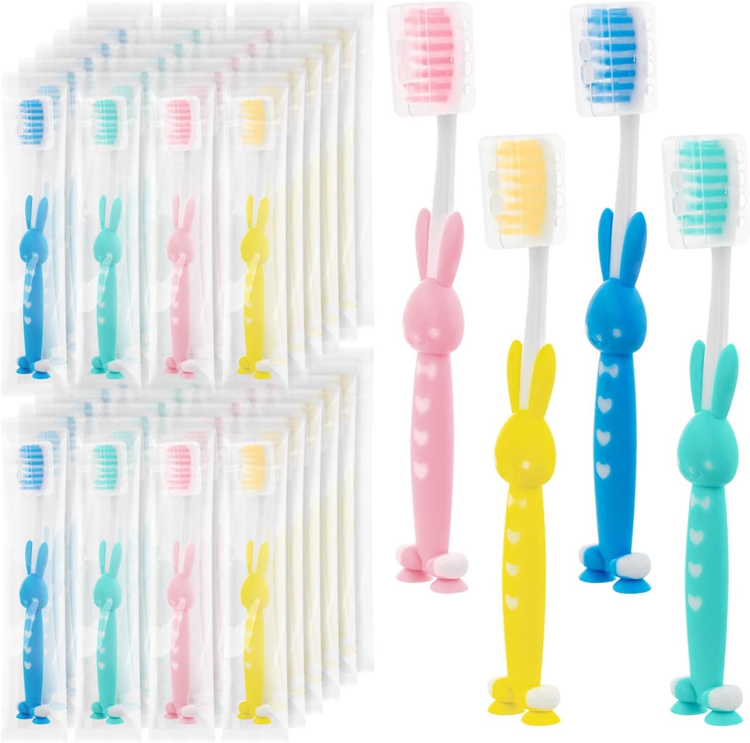 Kids for Toothbrushes In Bulk, Individually Wrapped Toothbrush Cute Manual Soft Bristles Children Disposable Toothbrush With Cover Suction Cup Toddler Toiletries Set for Home/School/Travel (40 Pack)