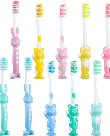 12 Pcs Toddler Toothbrush for Age 2 up, Kids Toothbrush Set with Covers, Soft Children Manual Brushes Bulk with Suction Cup for Upright Storage, Rabbits and Bears Brushes for Travel