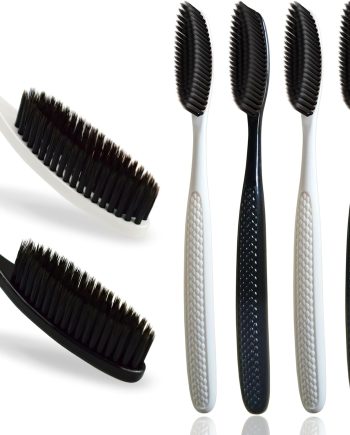 Large Long Head Toothbrush, 4-Pack, Upgraded Hard & Firm Charcoal Bristles, Whitening Teeth, Removing Plaque, Brace, Cigarette, Coffee and Other Stains, Suitable for Daily Oral Care.