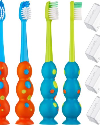 Kids Toothbrush 4 Pack - Soft Contoured Bristles - Child Sized Brush Heads (3-10 Year Old) - Suction Cup for Fun & Easy Storage - Girl & Boy Set (Blue & Orange)