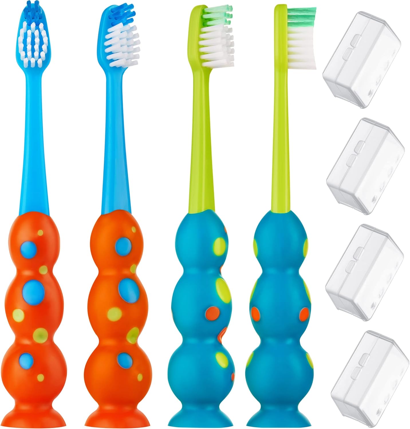 Kids Toothbrush 4 Pack - Soft Contoured Bristles - Child Sized Brush Heads (3-10 Year Old) - Suction Cup for Fun & Easy Storage - Girl & Boy Set (Blue & Orange)
