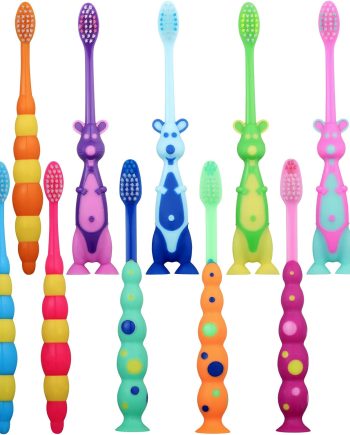 12-Piece Toddler Toothbrush Pack - Kids Toothbrushes with Covers, Suction Cup, Soft Bristles, Animal Design for Sensitive Teeth