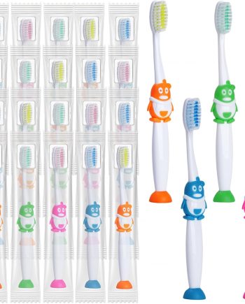 100 Pack Kids Toothbrush Soft Bristles Toddler Cute Toothbrush Bulk with Suction Cup, Includes Travel Covers, Individually Wrapped Toothbrushes for Kid Home School Daycare Camp (Penguin)